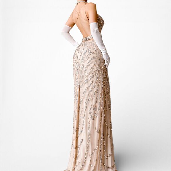 Vintage Y2K Beige Nude Beaded Fit Flared Maxi Formal Prom Dress Size S/M - Picture 3 of 7